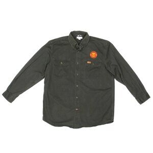 Vtg CARHARTT Gray Button Up Work Shirt New York Drilling Patch Mens sz L /839